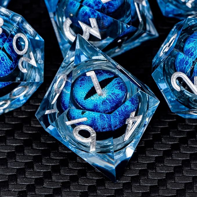ARUOHHA DND Resin Dice Dragon Eye Dice Liquid Core Blue Sharp Edged Dice Set with Gift Box, Dungeons Polyhedral D and D Dice Set Compatible with D&D Role Playing Game D20 D12 D10 D8 D6 D4