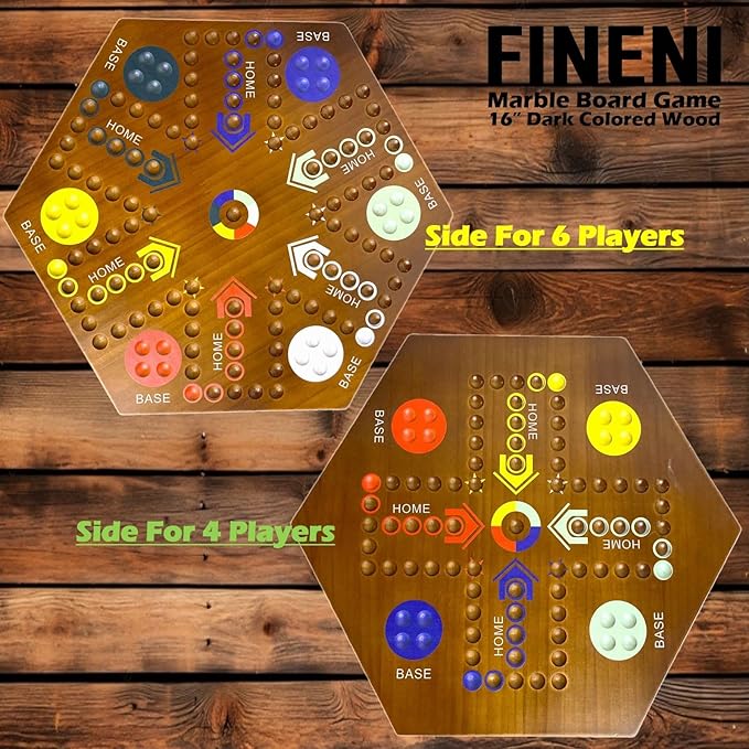 Wooden Board Games, Marble Board Game Original with Dual Sides Fast Track Board Game for 2 to 6 Players, Double Side Marble Game, 6 Colors 30 Marbles Set and 6 Color 6 Dice,Pouch (16" Dark)