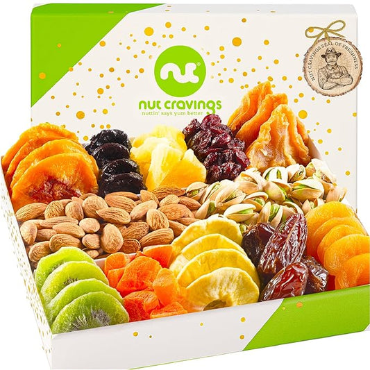 NUT CRAVINGS - Rosh Hashana & Shana Tova Dried Fruit & Mixed Nuts Gift Basket in White Gold Box (12 Assortments) Food Arrangement, Healthy Snack Care Package, Kosher