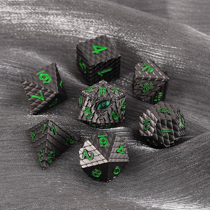 Metal Dice Set D&D,7 PCS Dragon Scale Metallic DND Dice Set,Dragon Eye Metal Dice with Grogeous Gift Case for Dungeons and Dragon Tabletop Game (Black Dragon Scale & Green Eye)