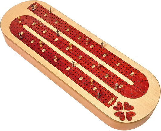 PALM ROYAL HANDICRAFTS 4 Track Wooden Cribbage Board Set Inlaid in Blood Wood and Maple Wood with pegs and Cards Storage Available. 4 Player Cribbage Board Game (15 x 5 Inches)