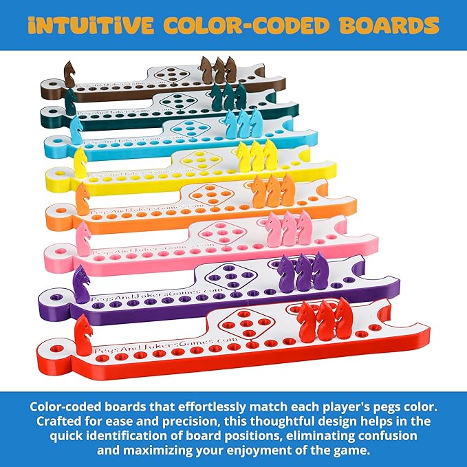 Pegs and Jokers Board Game - Strategic, Fun, Engaging, and Portable - Play with Family and Friends - Easy to Learn - Travel-Friendly - with Horse-Head Peg and Deck of Cards 2-10 Players