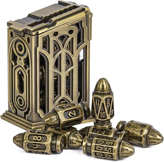 UDIXI Metal DND Bullet Dice Set, 7-Die Solid Polyhedral Metal Dice Set D&D with Magazine Container for Role Playing Game or Other Tabletop Games（Bronze）