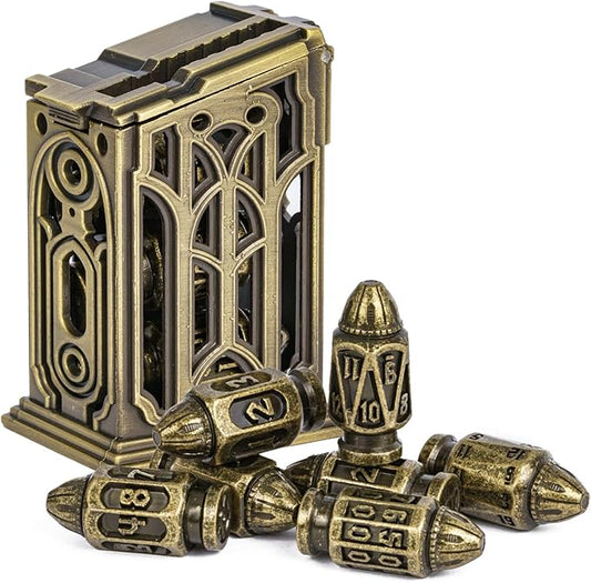 UDIXI Metal DND Bullet Dice Set, 7-Die Solid Polyhedral Metal Dice Set D&D with Magazine Container for Role Playing Game or Other Tabletop Games（Bronze）