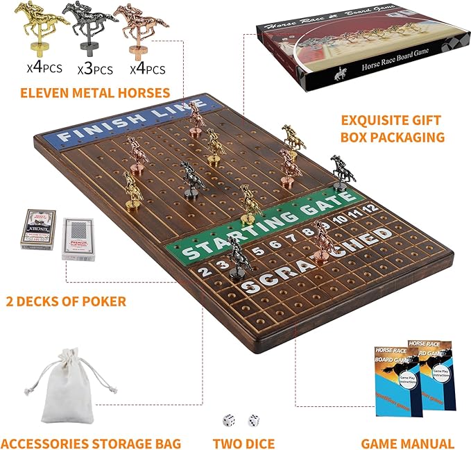 Large 21 inches Horse Racing Board Game Thickened Solid Wood with 11 Luxurious Durable Classic Metal Horses Including Dice and Cards Finish LINE Race Game Set (Large, Burning)