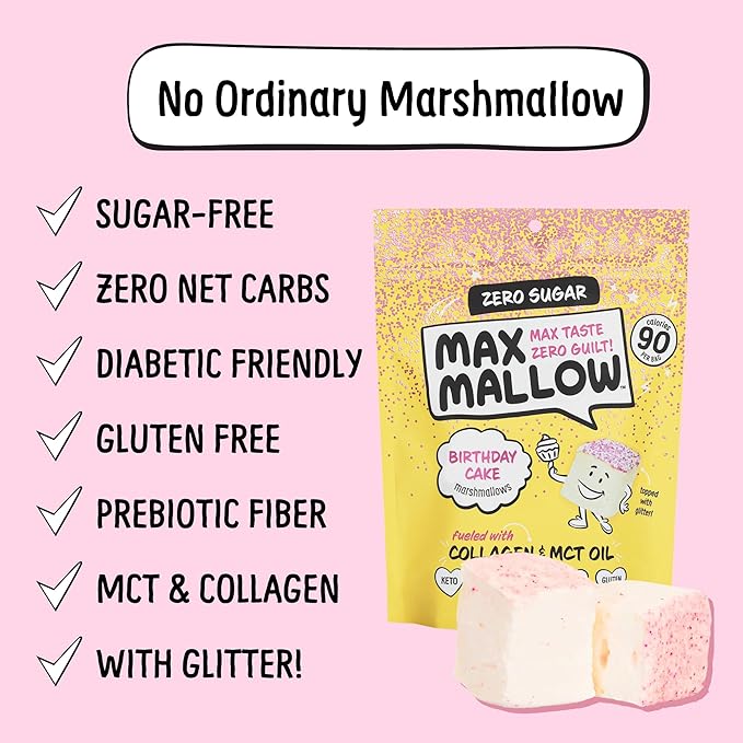Max Mallow Sugar Free Marshmallows - Keto Friendly, Perfect for S'mores, Hot Chocolate, and Baking with Zero Sugar Snacks, Smores Mct Oil Zero Sugar Marshmellow Marshmallow Birthday Cake, 6 Pack