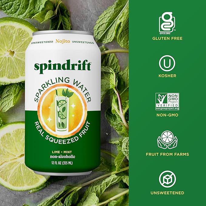 Spindrift Sparkling Water, Nojito Flavored, Made with Real Squeezed Fruit, 12 Fl Oz Cans, Pack of 24 (Only 4 Calories per Can)