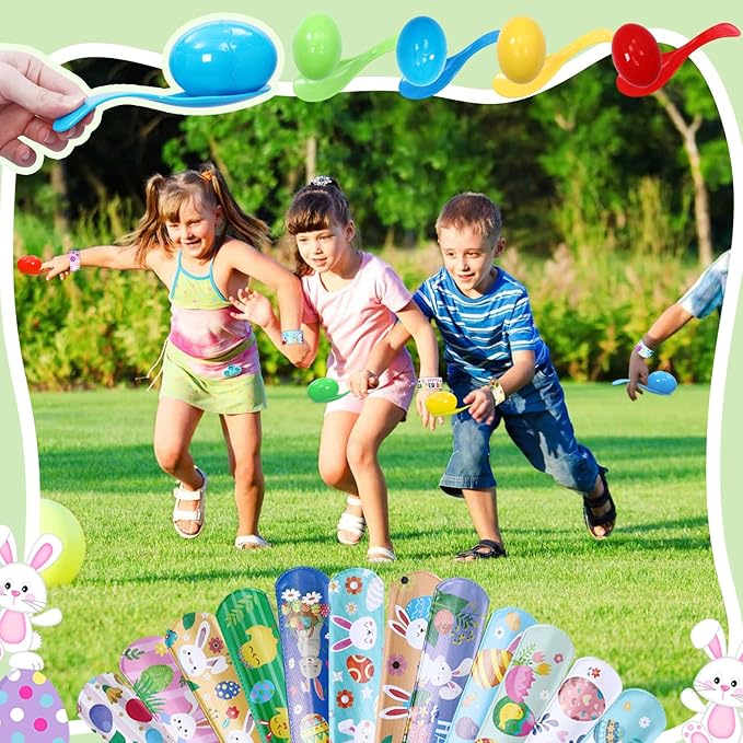 26pcs Easter Games for Kids Outdoor Potato Sack Race Bags Inflatable Bunny Ears Ring Toss Game Egg and Spoon Pin The Tail on The Bunny Game for Party Favors