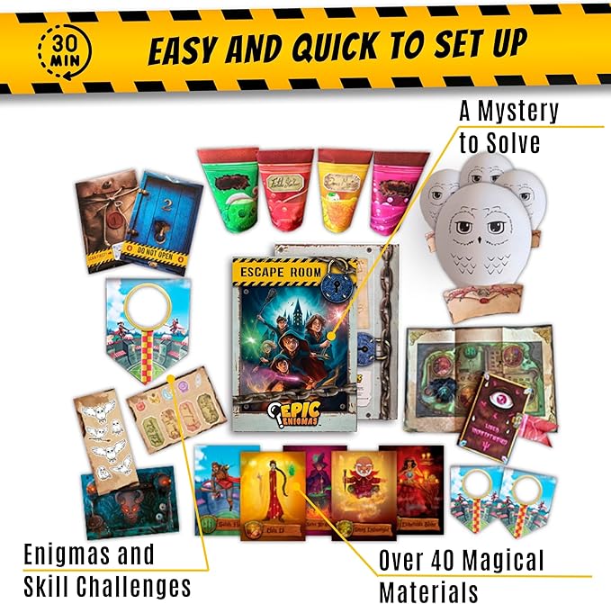 | Escape Room Party | Magic Harry | Ages 5 to 12 | 1-25 Players | Kids Birthday Escape Board Game in a Box | + Party Decorations and Balloons
