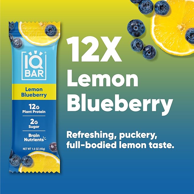 IQBAR Brain and Body Plant Protein Bars - Lemon Blueberry - 12-Count Low Carb - Gluten Free, High Fiber, Vegan Snacks - Low Sugar Meal Replacement