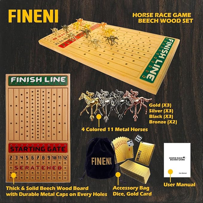 Horse Racing Game for Adults, Horse Race Board Game with 11 Luxurious Metal Horses (Gold, Silver, Black, Rose Gold), 22” Beech Wood Horse Race Game Board, Dice & Golden Card Included (Beech)