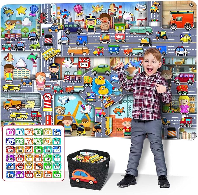 200 PCS Felt Board Story Set for Toddlers with Storage Bag City Traffic Themed Flannel Sensory Board Wall Interactive Storytelling Teaching Play Activity Kits 40x28 inch(Lightgrey)