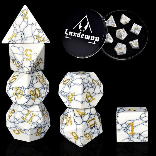 Gemstone DND Stone Dice Sets D&D 7 Pcs Polyhedral Dice Set Handmade， Turquoise Stone Dice Set Natural Gemstone Dice Sets with Metal Case for Dungeons and Dragons RPG MTG Tabletop Games
