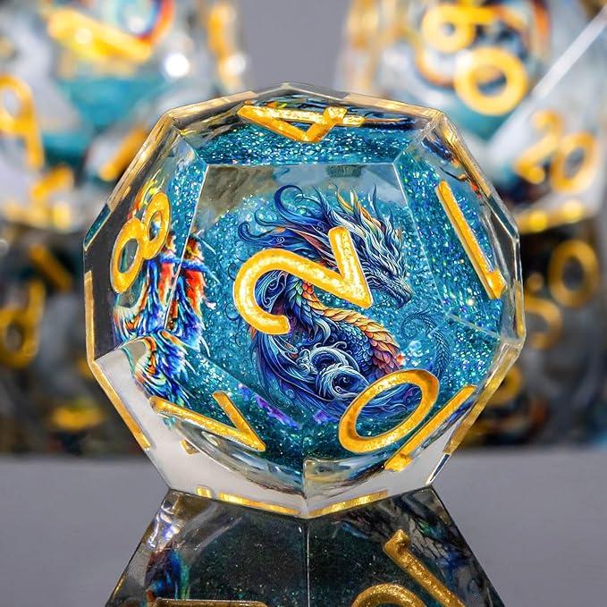 Dragon Pattern Liquid Core DND Dice Set, 7Pcs Sharp Edge Dice with Gift Box, Resin Blue Dungeons Dragons D and D Role Playing Dice D20 D12 D10 D8 D6 D4