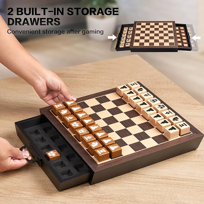 Unique Wooden Chess Set for Kids Adults, 12.5 Inch Chess Board Game with 2 Built-in Storage Drawers, Handmade Chess Pieces, 2 Extra Queens-Chess Table for Beginner/Home Decor