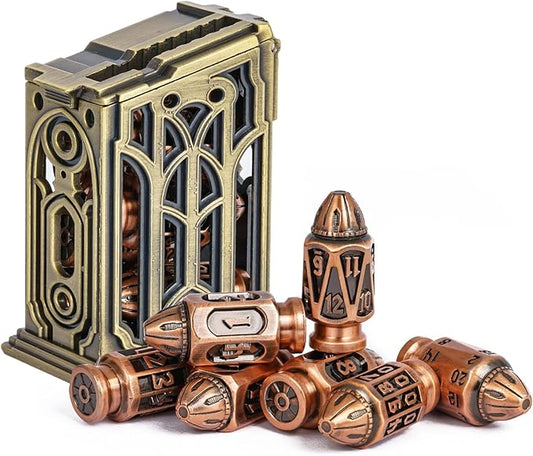 UDIXI Metal DND Bullet Dice Set with Metal Container, 7-Die Polyhedral Dice Set Cyberpunk Style for D&D, Role Playing Game or Other Tabletop Games（Ancient Copper）