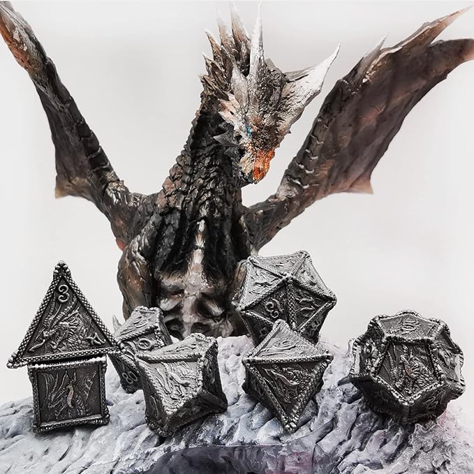 HAOMEJA Metal Dragon Dice Set - 7 Solid Dice for D&D & Dungeons and Dragons (Antique Iron)