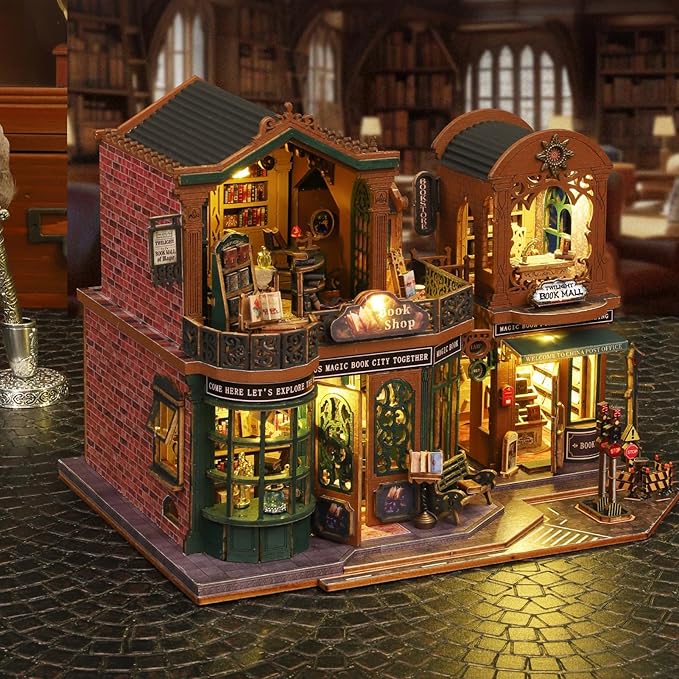 DIY Miniature House Kit for Adults, Mini Wooden Dollhouse Kit, Book Shop Tiny House Diorama Building Kits with Light, 3D Wooden Puzzles Bookend Shelf Insert Decor, Creative Craft