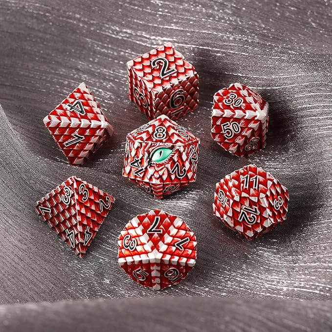 Dragon Eye Metal Dice Set - 7 Pcs Dragon Scale Metallic D&D Dice, Gift Box (Red Dragon Scale & Green Eye)