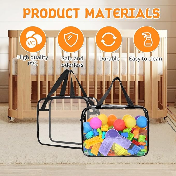 9 Pcs Toy Storage Bags, Clear PVC Toy Organizer Bag Include 6Pcs Large Handheld and 3Pcs Medium Zipper Bags with Labels for Organizing Board Game, Building Blocks (Black)