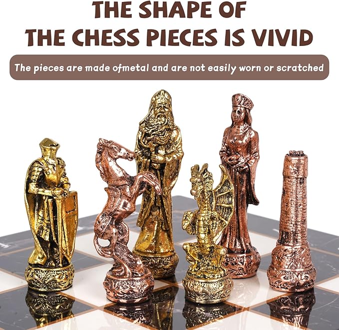 Large Vintage Metal Chess Set for Adults and Kids – Marbling Chess Board with Metal Chess Pieces 15" Travel Chess Set with Metal Chessmen – Collectible Elegant Chess Game – Family Vintage Board Game