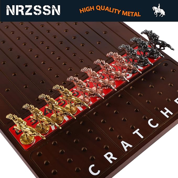 Horse Race Board Game with 11 Luxurious Durable Classic Metal Horses with 4 Dice and 2 Boxes of Cards Thickened Solid Wood Horse Racing Dice Game (Walnut Color，Rectangle)