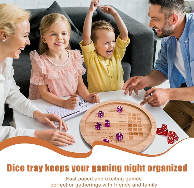 9.8-Inch Wooden Farkle Dice Tray with Printed Rules - Classic Farkle Board Game Set with 12 Pearl Dice, Score Pad & Velvet Pouch for Family Game Nights