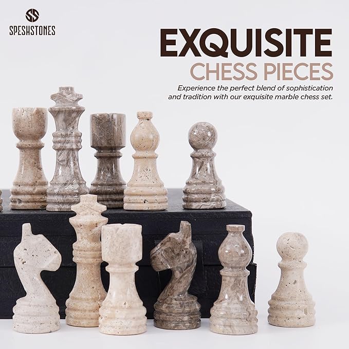 Marble Chess Set 12 Inch Handmade Travertine & Oceanic Board Game with Storage Box, Classic Travel Chess Set for Adults with Pieces & 2 Extra Queens, Elegant Gift & Home Décor