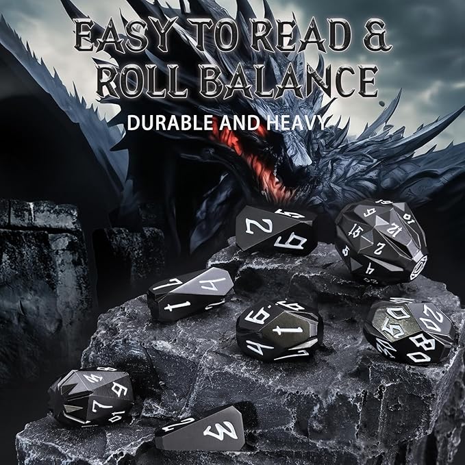 Metal DND Dice Set D and D, Dungeons and Dragons Dice of 7 RPG Dice Set Metal Unique Cool Polyhedral Dice Set with Cardboard Box for Role Playing Games TTRPG Gifts (Black)