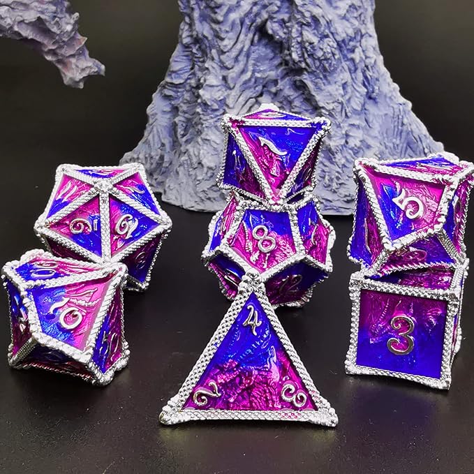 HAOMEJA DND Dice Metal Dragon Set Dice 7 Role Playing Dice D&D Solid Dice Dungeons and Dragons (Silver Blue Purple)