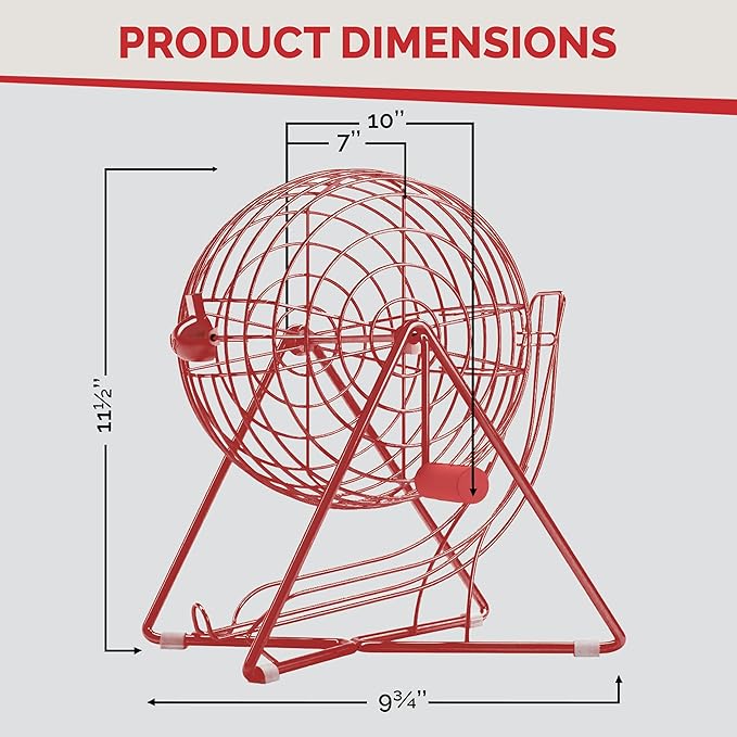 MR CHIPS 11" Tall Bingo Set with Steel Cage Professional Game Everlasting 7/8” Balls, 18 Cards and 300 Chips - Lucky Red Color