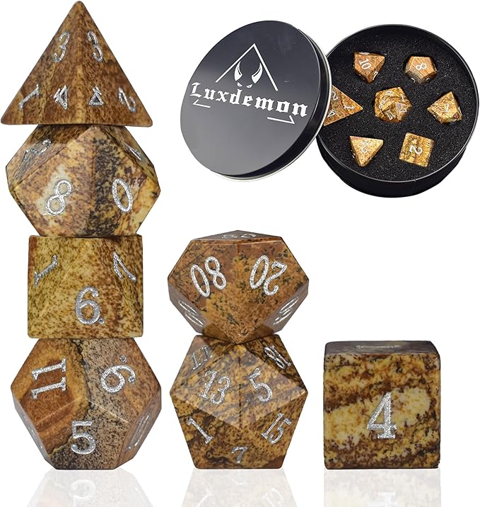 Picture Gemstone DND Dice Set,7PCS Real Gem Dice for Dungeons and Dragons,Polyhedral Dice Set with Gift,MTG Game Dice