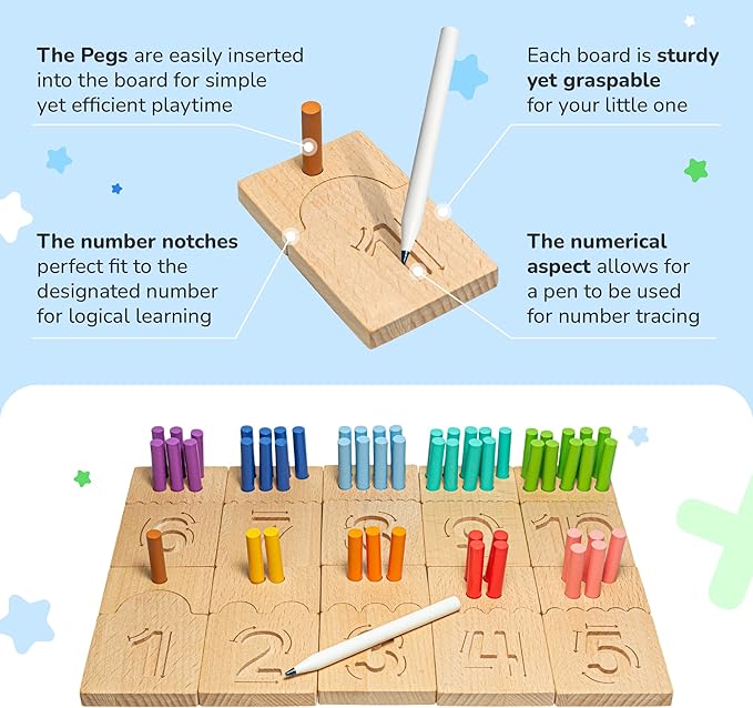 Bimi Boo Counting Peg Boards and Number Tracing for Kids - Wooden Montessori Math Toy for Toddlers and Preschoolers - Math Manipulatives for Kindergarten (55 Pegs, 10 Boards, 1 Pen)