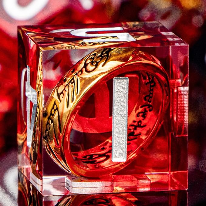 Magic Golden Ring DND Dice Set Sharp Edge Red Resin Dice with Box, for Use with D&D RPG Role Playing Games, Lord D and D Polyhedral Dice Set