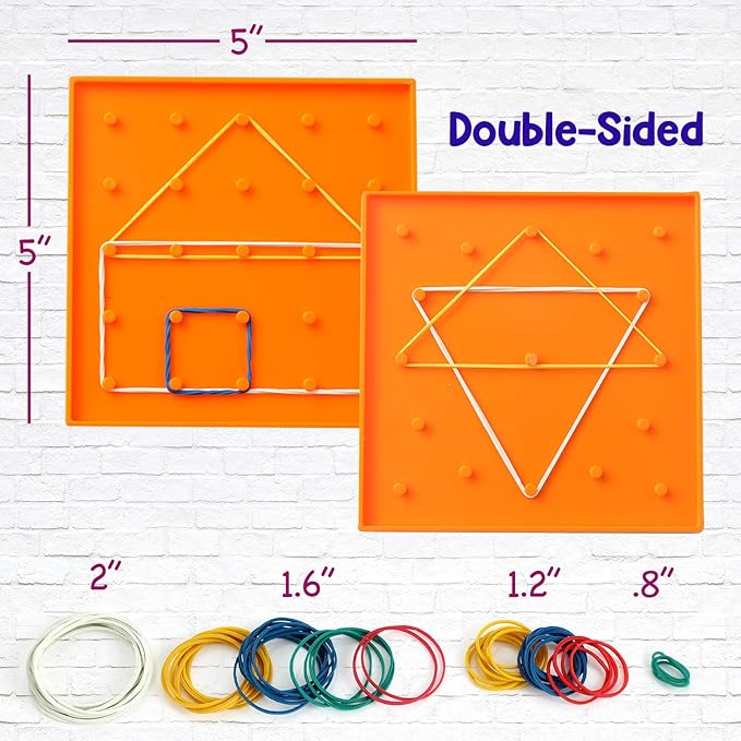 6 Pack Double-Sided Geoboard Mathematical Manipulative Material Array Block Geo Board, Educational Toy for Kids with Rubber Bands and 15pcs Pattern Card, STEM Shape Puzzle Brain Teaser Toy, 5x5 Inch
