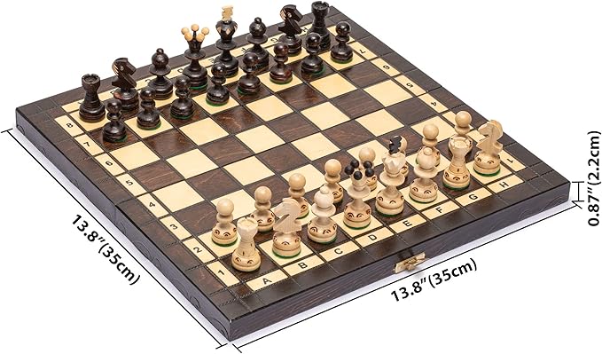 Husaria European International Wooden Chess Game Set Regal - 13.8 Inches Medium Size Chess Set with Handcrafted Chessmen and Felted Folding Board