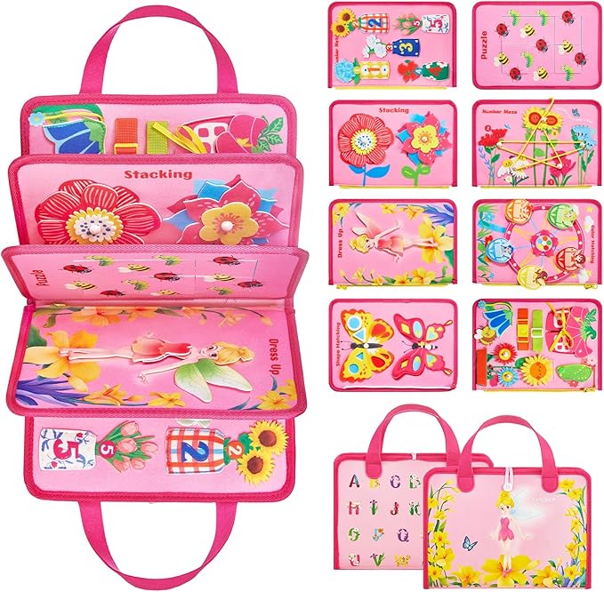 Busy Board Montessori Toys for 3 4 Year Old Girls Birthday Gifts, Educational Activity Sensory Board Preschool Learning Toys for Toddlers, Travel Toys for Airplane Car (Flower Fairy)