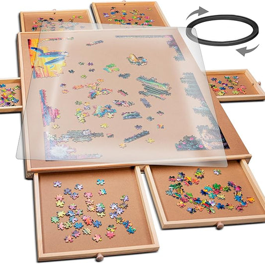 PlayVibe 1500 Piece Rotating Puzzle Board with Drawers and Cover - Sturdy Jigsaw Puzzle Table with 6 Drawers 26" x 35" - Portable Puzzles Boards with Lazy Susan, Wooden, Spinning Puzzles Accessories