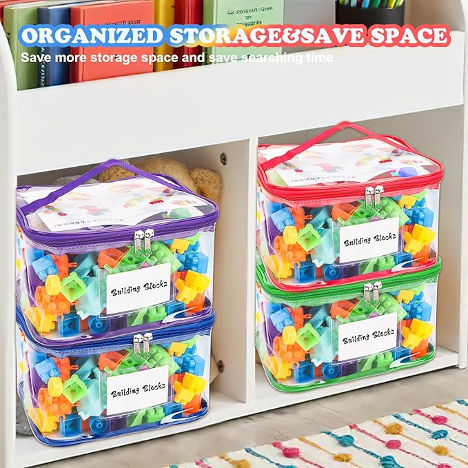 AOBOPLE 6 Pack Clear Toy Storage Bag with Name Tag & Manual Pocket, PVC Clear Toy Organizer Bags with Labels for Lego Bricks, Board Games, Building Blocks, Puzzles