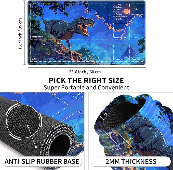 Playmat with Zones for MTG Card Game Playing, Game Mats Tabletop Magic Play Mats 24"x14" Commander Deck Gaming Desk Duel Mat Card Gameplay Mats for Beginner, Tyrannosaurus Rex