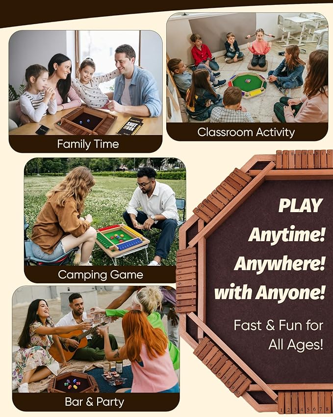 Large Shut The Box for 2 6 Player Math Family Game Night Quick Dice Game for Party Camp Bar Travel Class School Wooden Classic Table Top Board Game for Adult and Kid Group Elder 15"
