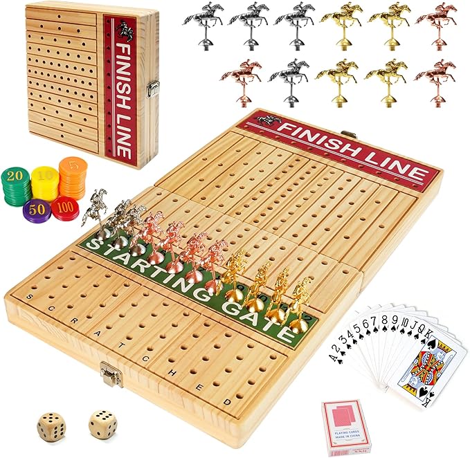 FUNNYB&G 21 inches Horse Race Board Game Foldable Large Horse Racing Game for Adults with 11 Metal Horses, Solid Wood 60 Pcs Poker Chips 2 Dice 1 Pack of Cards for Family Tabletop Parties(Log)