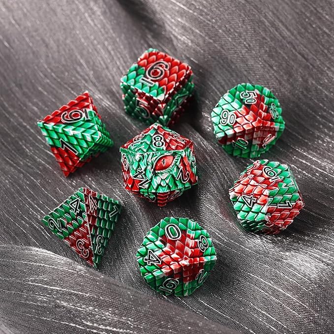 Metal Dice Set D&D,7 PCS Dragon Scale Metallic DND Dice Set,Dragon Eye Metal Dice with Gift Metal Box for Dungeons and Dragon Tabletop Game (Red Green Dragon Scale & Red Eye)