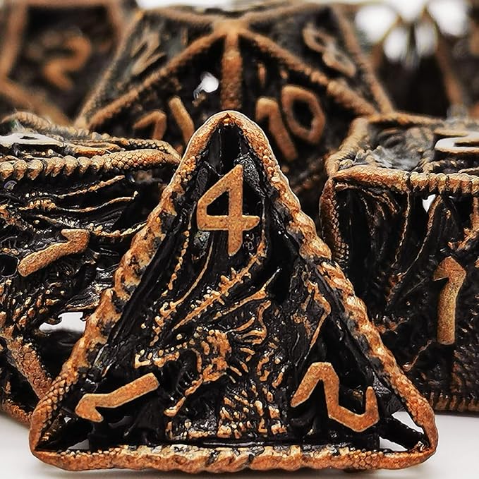 HAOMEJA Dice Hollow DND Dragon Metal Dice Set 7 Role Playing Dice D&D Dungeons and Dragons Dice (Antique Red Copper)