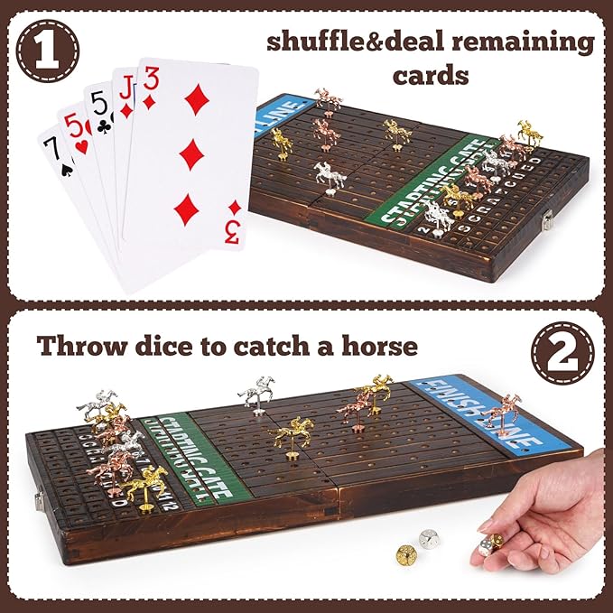 Deluxe Folding Horse Racing Board Game Set with Metal Horses, Foldable Board, Metal Dice, Domino Set, and Card Game – Premium Family Strategy Board Game for Parties, Travel, and Game Night