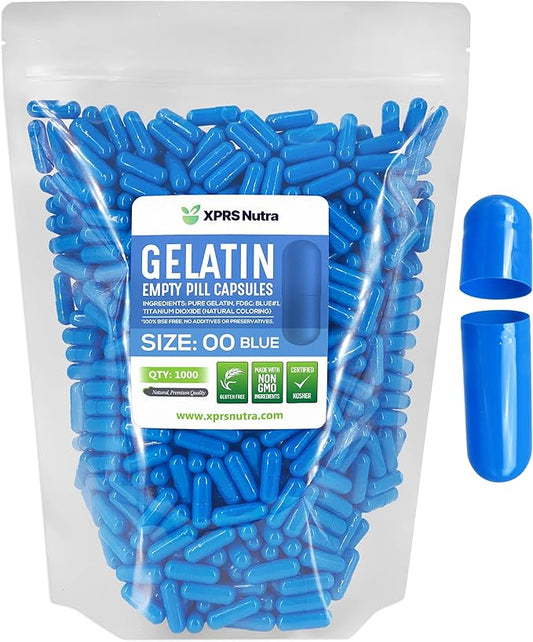 XPRS Nutra Size 00 Empty Capsules - 1000 Count Empty Gelatin Capsules - Pills DIY Capsule Filling - Fillable Gel Caps for Do-It-Yourself Supplements (Blue)