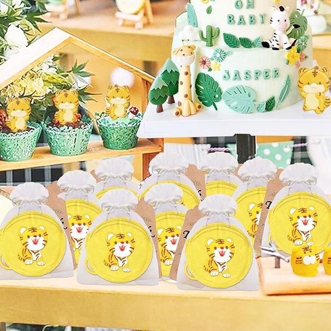 36 Pack Tiger Change Purses Set Include 12 Wallets with Keyring,12 Tags and 12 Organza Bags for Tiger Jungle Safari Themed Pary,Creative Souvenirs,Birthday Decor,Yellow