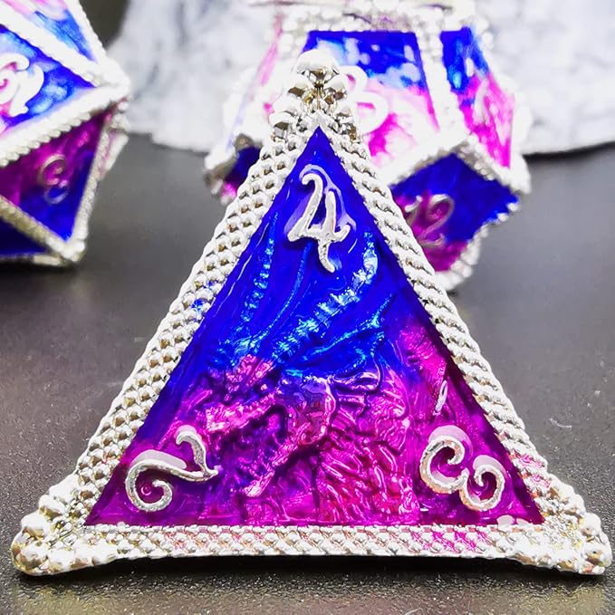 HAOMEJA DND Dice Metal Dragon Set Dice 7 Role Playing Dice D&D Solid Dice Dungeons and Dragons (Silver Blue Purple)