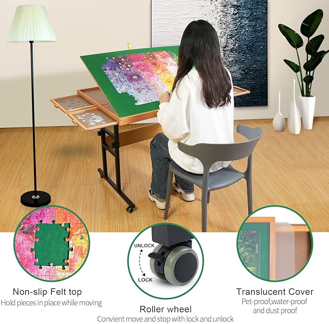 ALL4JIG 1500 Piece Jigsaw Puzzle Table with Legs,25"x34"Adjustable Puzzle Tables for Adults, 3-Tilting-Angle Portable Wooden Jigsaw Puzzle Board Portable with 4 Drawers & Cover Birthday Gift for mom