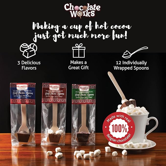 Hot Chocolate Spoons by Chocolate Works, Flavor Variety Pack - Belgian Dark Chocolate, Milk Chocolate & Marshmallows, Peppermint, Cocoa Bomb for Hot Chocolate